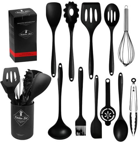 ROEOWENE 12pcs Set Ustensiles de Cuisine Silicone Résistants à la Chaleur | Inclut Spatule, Fouet Et Cuillère Pour Et Pâtisserie Couverts Cuisines Accessoires Avec Support