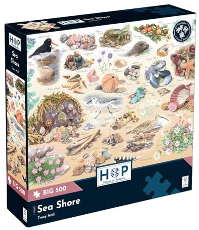 The House of Puzzles Sea Shore, Big 500 Piece Jigsaw | Seaside Nature & Wildlife Theme, Shell, Bird & Plant Illustrations, Art by Tracy Hall, Deluxe Puzzling Gift for Adults