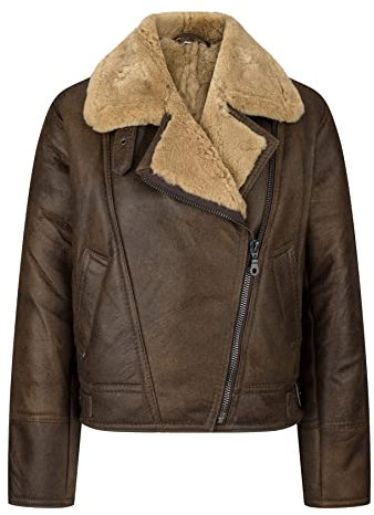Samsara Collections Ladies Winter 100% Real Sheepskin Leather Camel Brown Ginger Aviator Jacket - Brown L