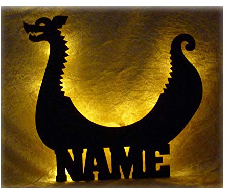 Schlummerlicht24 3d Led Lampe Wikinger Schiff Deko aus Holz mit Name personalisiert Wand-Tattoo Geschenke für Erwachsene Freund Wikinger Schiff Männer im KinderZimmer Schlafzimmer