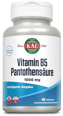 Kal Vitamin B5, 1000 mg, laborgeprüft, Nahrungsergänzungsmittel Vitamin B & Pantothensäure, normalen Funktion des Energiestoffwechsels, Verringerung von Müdigkeit und Ermüdung, 100 Tabletten, 160 g