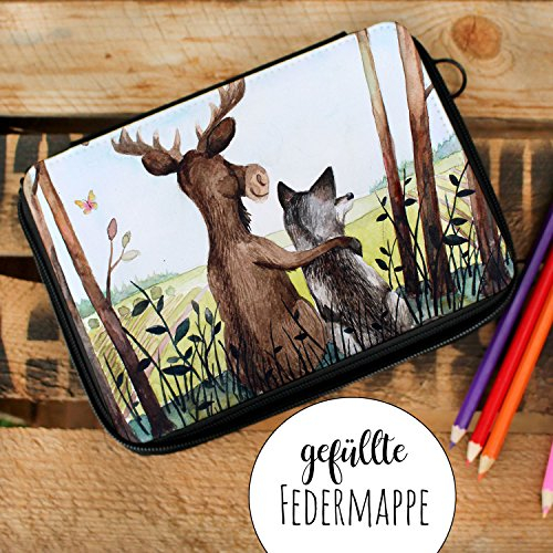 ilka parey wandtattoo-welt Gefüllte Federtasche Beste Freunde Federmappe Federmäppchen mit Wolf Elch und Name Wunschname fm135