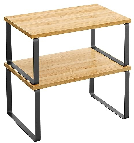 SONGMICS Cabinet Organizer Shelf, Set of 2 Kitchen Counter Shelves, Kitchen Storage, Spice Rack, Stackable, Expandable, Metal and Engineered Wood, Ink Black and Natural Beige UKCS02NB