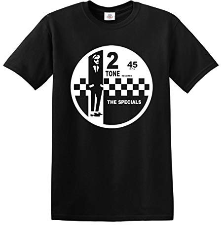 2 Tone Records The Specials Retro Music T-Shirt SKA Northern Soul Reggae Top (L, Black T-Shirt White Print)