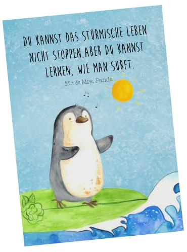 Mr. & Mrs. Panda Postkarte Pinguin Surfer - Geschenk, Wellen reiten, Geburtstagskarte, Urlaub, Wellen, Einladung, Portugal, Dankeskarte,