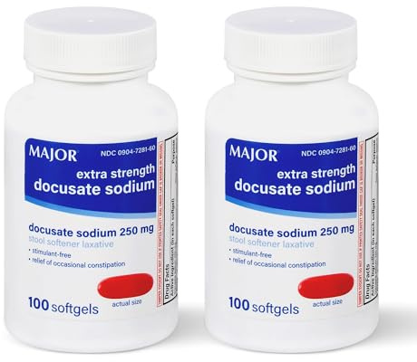 MAJOR Docusate Sodium 250 mg, Extra Strength Stool Softener Laxative for Occasional Constipation Relief – Stimulant‑Free, 100 Softgels (2 Pack)