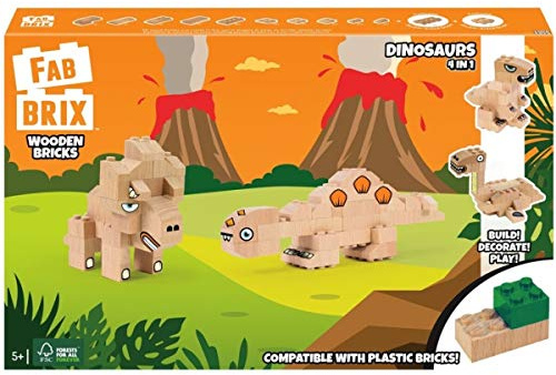 FabBrix Dinosaurs FB-1817 Holzbausteine, Klemmbausteine aus zertifiziertem Buchenholz, 100% kompatibel mit konventionellen Bausteinen