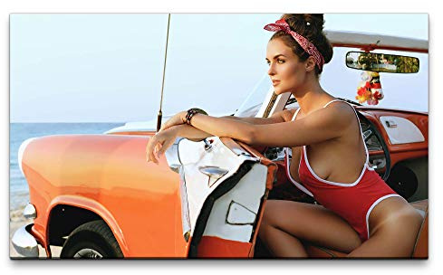 Paul Sinus Art Bilder XXL Sexy Frau in Auto 120x70cm Wandbild auf Leinwand