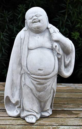 Beton Figur Statue Lachender Buddha H 27 cm gehend Dekofigur und Gartenskulptur für den Innen- und Außenbereich
