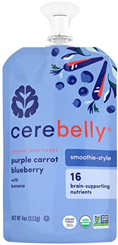 Cerebelly Organic Baby Food Pouches, Purple Carrot Blueberry Dairy-Free Smoothies, 16 Nutrients, No Added Sugar, Fiber & Non-GMO, 4oz, 1 Count