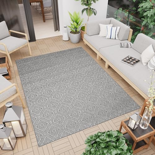 TAPISO Capri Teppich Outdoor Grau Flachgewebe Sisaloptik Modern Karo Gitter Balkon Terrasse Indoor Wetterfest Wasserfest UV-Beständig 140 x 200 cm