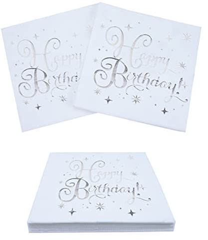 Happy Birthday Servietten,60 Stück Servietten Geburtstag,Weiß Silber Papierservietten Papier Napkins 33x33cm,für Mann Frau Mädchen Geburtstag Party Deko
