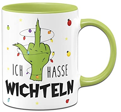 Tassenbrennerei Grinch Tasse - Ich hasse Wichteln - Hand mit Lichterkette - Weihnachtstasse als Geschenk, Wichtelgeschenk zum wichteln - Schrottwichteln (Hellgrün)