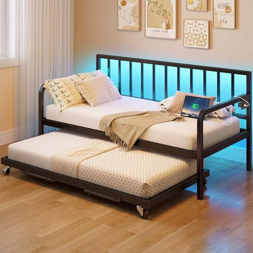 Rolanstar Tagesbett mit Ladestation und LED-Lichtern, höhenverstellbares Twin-Tagesbett mit Ausziehbett, Metallschlafsofa mit Stahllattenstütze für Wohnzimmer, Schlafzimmer und Gästezimmer, Schwarz