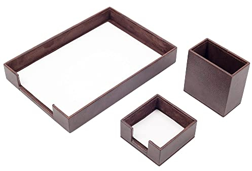 MOOG Schreibtisch-Set aus braunem Leder – Schreibtischunterlage – Notizpapierhalter – Stifthalter – Lederuntersetzer – Schreibtischzubehör – braun (3T)…