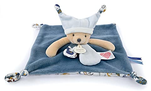 DOUDOU ET COMPAGNIE - Les Petits Futés - Doudou Plat Ours Bleu 25 cm Avec Bonnet Pour Rituel du Coucher - Dès la Naissance - Garantie Doudou Perdu - Idée Cadeau Bébé Fille ou Garçon - DC4059