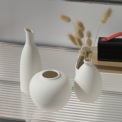 Cutfouwe Weiße Vasen Set of 3 - Keramik Vase Skandinavisch für Hasenschwanz Gras Pampasgras Getrocknete Blumen - Modern Deko Rustikale Bauernhaus Home Decor