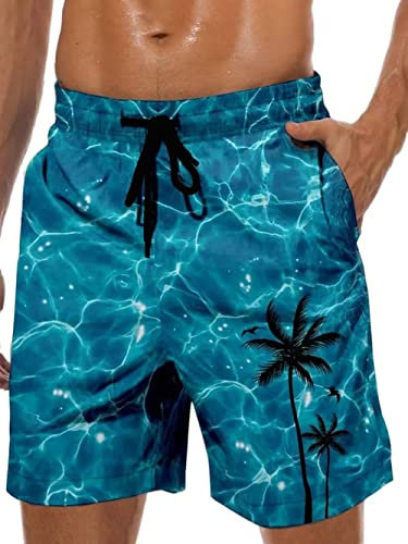 Lzzidou Costume da bagno da uomo 22,9 cm cavallo costume da bagno hawaiano fodera in rete pantaloncini da spiaggia con tasche, Palma Blu Lago, Medium