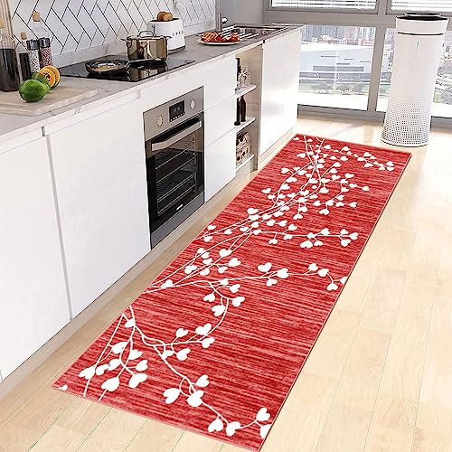 Siunwdiy Tapis Cuisine Devant Evier Rouge 50x120cm Tapis De Couloir Lavable Antiderapant Long Moderne Motif de Feuilles Blanches Tapis De Salon Chambre pour Les Chambres Jeunes Adulte Fille Garcon