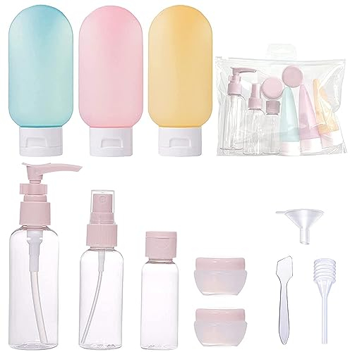 Flacon Voyage, Contenant Voyage 100ml 12 Pièces Bouteille de Voyage Avion Transparent Cosmetique Liquide Bouteille Contenant Plastique avec Vaporisateurs, Flacons à Pompe, Pots de Crème