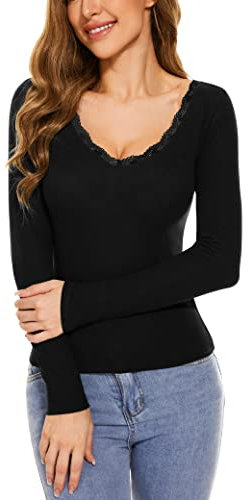 WOWENY Long Sleeve t Shirts Women V Neck Lace Stretch Plain Multiple Bright Colors Neck T Shirt Long Sleeve Top Ladies,Black,M