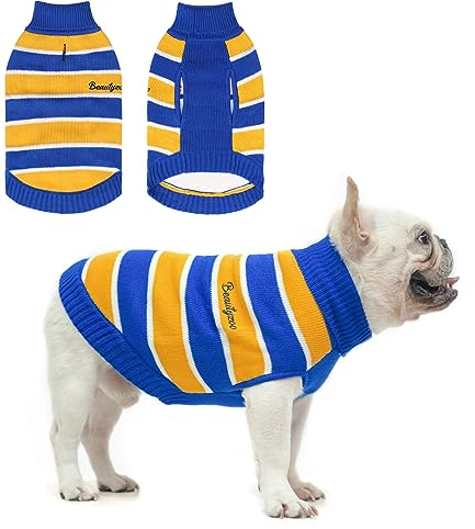 BEAUTYZOO Kleiner Hundepullover - gestreifter Haustierpullover für Herbst Winter Hundekleidung, Rollkragenpullover Strickwaren für kleine, mittelgroße und große Hunde, warmer Mantel-Outfits für