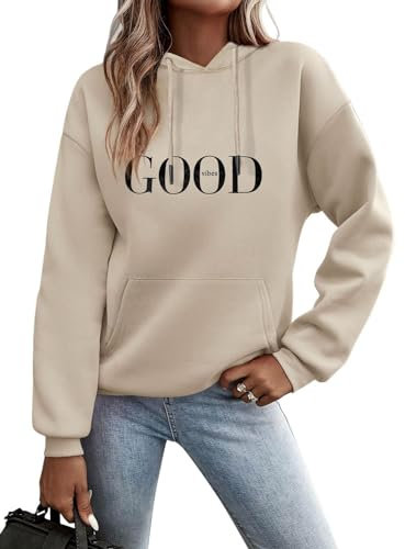 Minetom Kapuzenpullover Damen Hoodie Sweatshirt mit Kapuze Langarmshirt Pulli Oberteile Herbst Winter Frauen Briefe Drucken Freizeit Sport Fitness Outdoor Casual Style D Beige L