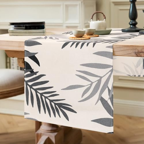ETOLISHOP Modern Grau Blätter Polyester Tischläufer 40x140cm Abwaschbar für Drinnen und Draußen Esszimmer Party Urlaub