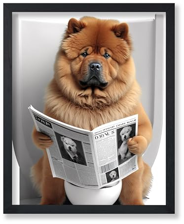 Poster Master Chow auf Toilette Poster – Hund liest eine Zeitung Druck – Hundekunst – Geschenk für ihn, sie, Tierliebhaber – lustige Dekoration für Schlafzimmer, Badezimmer, WC – 20,3 x 25,4 cm,