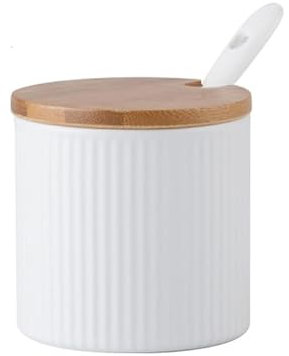 YORROR Sucrier en céramique blanche avec couvercles en bambou, cuillère en porcelaine, pot à condiments, épices, assaisonnement, condiments, sel, miel, 300 ml (blanc)