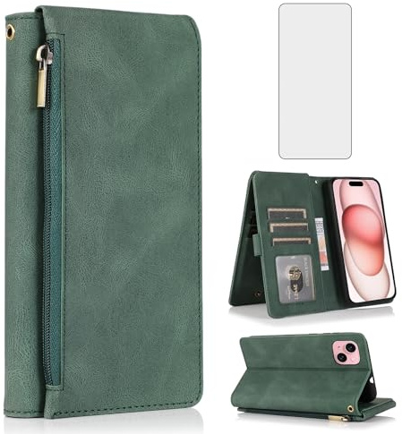 Compatible with iPhone 15 6.1 inch Wallet Case Tempered Glass Screen Protector Zipper Retro Leather Flip Cover Card Holder Stand Cell Accessories for iPhone15 5G i i-Phone i15 15Case Women Men Green