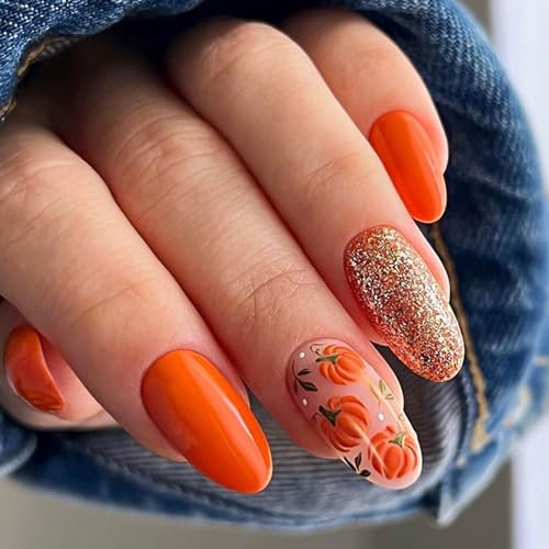 Ceboic 24Pcs Amande Faux Ongles Court, French Press on Nails Glossy Orange Ongles à Coller avec Citrouille Mignonne Dessin, Ovale Couverture Complète Acrylique Fake Nails pour Femmes et Filles