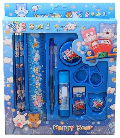 Kids Stationery Set Cartoon Design 9-Piece Safe Plastic | Plastic school supplies kit, home learning and travel use, includes pencils pen ruler glue stick scissors clip eraser