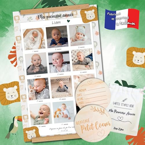 Keep’Love - Pack Souvenir Ma Première Année pour Bébé - Affiche À Compléter + Baguettes de Suspension + Cartes Étapes Bébé en Bois avec Pochon inclus - Cadeau de naissance parfait (Modèle Lion)