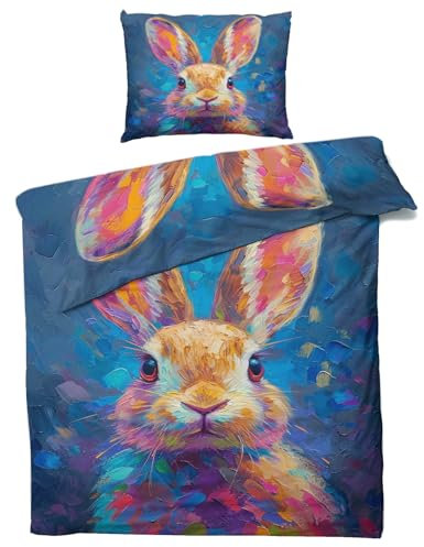 GEDAEUBA Hase Bettwäsche 135x200 - Kaninchen Bettbezug 135 x 200 2er Set, Wendebettwäsche und Kissenbezug 80x80, Weiche & Angenehme Mikrofaser Bettwäsche-Sets mit Reißverschluss