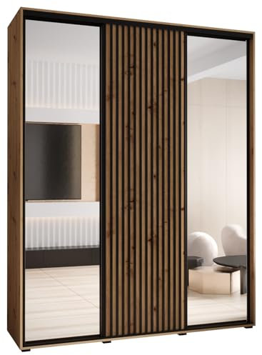 MEBLE KRYSPOL Sapporo 2 Moderner Schrank mit DREI Schiebetüren mit Spiegel, Stange, Regalen - Aufbewahrungsschrank für Schlafzimmer, Wohnzimmer - 205,2x190x45 cm - Artisan Artisan Schwarz