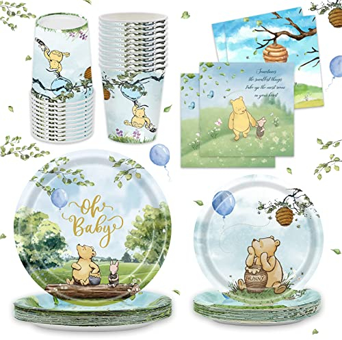 120 Stück Winnie Teller Baby Shower Pooh Servietten Classic Bear Dekorationen Pappbecher Gabeln Oh Baby Einweggeschirr Set Neugeborene Kinder Dessertteller für 24 Gäste
