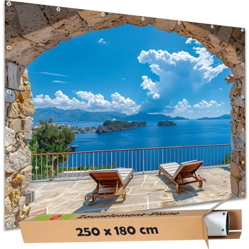 TRIOSK Sichtschutz Garten Deko Zaun Plane Blickdicht groß mit Zaunblende Motiv Mauer Tor Balkon Meer Blick für Zaunelement Doppelstabmatten Stabmattenzaun Gartenzaun PVC 250x180 cm