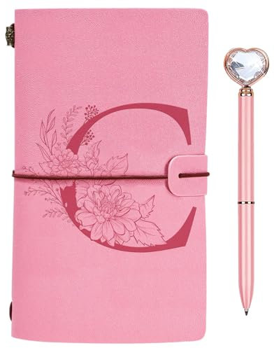 Regalo Diario in Pelle Iniziale, Diario di Viaggio Rosa, Taccuino in Pelle Rifillabile con Penna Diamante Cuore, Idee Regalo Compleanno, Ringraziamento, Natale per Donne Ragazze Amica Scrittori C