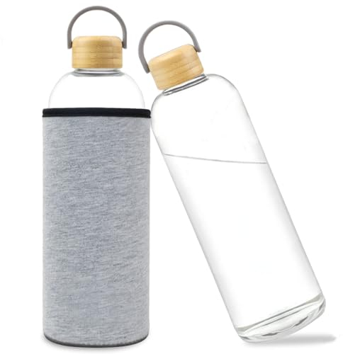 Bugudog Botella de cristal de 1 litro, a prueba de fugas, 1 L, de cristal de borosilicato, con funda protectora, botella de agua para bebidas calientes frías, botella de cristal, jarra de bambú, funda