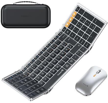 ProtoArc XKM01 Foldable Keyboard and Mouse, Full-Size Bluetooth Keyboard Foldable with Numeric Keypad, 2.4G + Dual Bluetooth Folding Keyboard QWERTZ Layout Windows/Mac/Android, Black and Silver