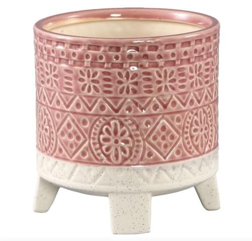Pink & White Two-Tone Geometric Pot with Legs, Ceramic Pink Plant Pot with Legs, Cauldron Plant Pot with Feet, Patterned Tripod Pot, Bohemian Tribal Pattern Houseplant Pot Stand, Pink Pot, White Pot