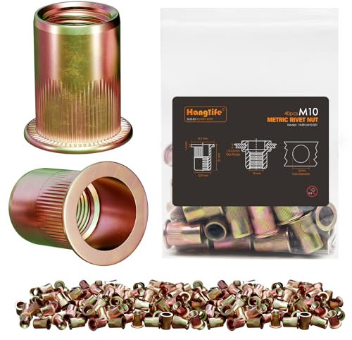 HANGLIFE Rivetti Filettati, M10 Metric Inserti Filettati (40 Pezzi) - Dadi per Rivetti a Testa Piatta, Zincati, in Acciaio al Carbonio con Corpo Zigrinato