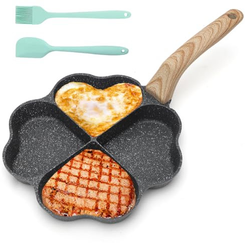 LOMUG Poêle à 4 Emplacements, Poele a Pancakes, Forme de Cœur Poêle à Oeufs, Poele Pancakes Induction, Poêle à Pancakes à 4 Trous pour Oeuf Au Plat Hamburger pour Cuisinière à Gaz Induction(Noir)