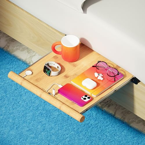 Whole Nights Retractable Bamboo Bedside Shelf – Stowy, The Bedside Organizer for Box Springs, Flat Base and Platform Beds – Bedside Caddy and CPAP Nightstand Solution