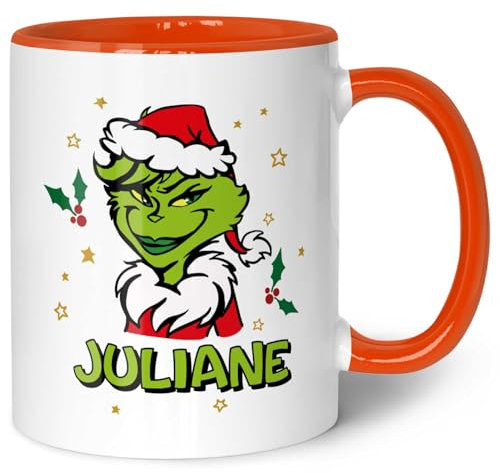 GRAVURZEILE Tasse imprimée - Motif Grinch - Personnalisable avec nom - Passe au lave-vaisselle et au micro-ondes - Tasse de Noël comme cadeau pour elle et lui - Couleur : orange