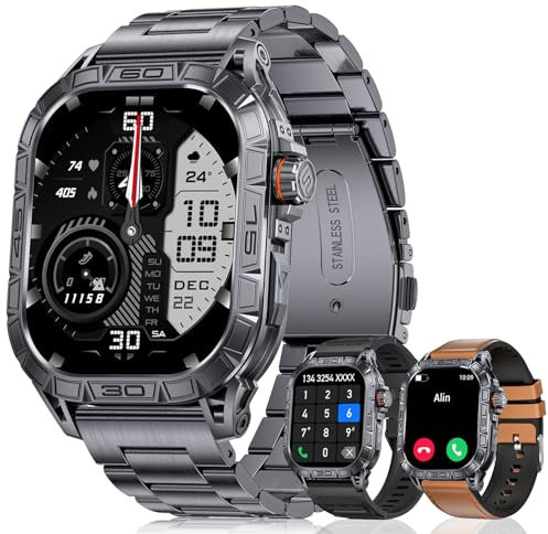 LIGE Militaire Montre Connectée Homme 3 Bracelets,1,96 HD AMOLED Étanchéité IP68 Fitness Smartwatch avec 100+ Modes Sportifs,Fréquence Cardiaque Sommeil Calorie pour Android iOS,Bracelet Noir et Brun