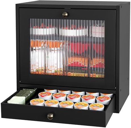 Alpeir Panera de madera para encimera de cocina, gran capacidad con agujeros de ventilación, estante escalonado ajustable, caja de pan vintage con cajón y ventana, frescura más larga, color negro
