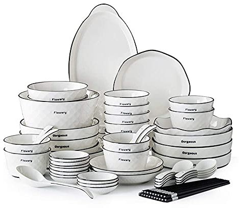 Juego de vajilla blanca de 60 piezas, platos y cuencos para la cena, servicio para 12, juego de platos de cerámica de lujo, estilo nórdico con patrón de diamantes de línea negra, para amigos de la fa