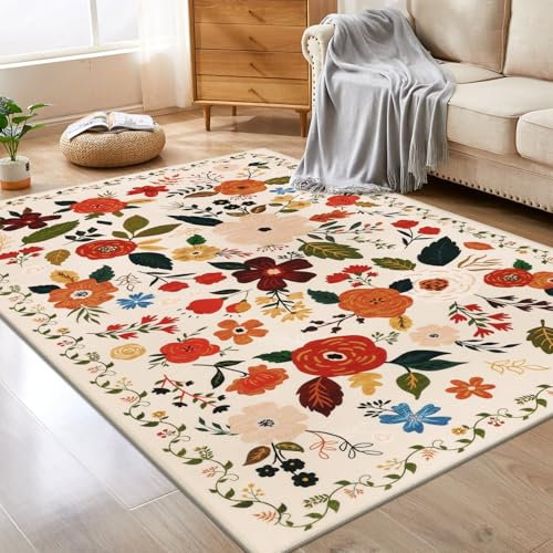 U'Artlines Teppich mit Vintage-Blumenmuster, maschinenwaschbar, ultraweich, niedriger Flor, rutschfest, fusselfrei, für Wohnzimmer, Schlafzimmer, Esszimmer, Büro (Beige)